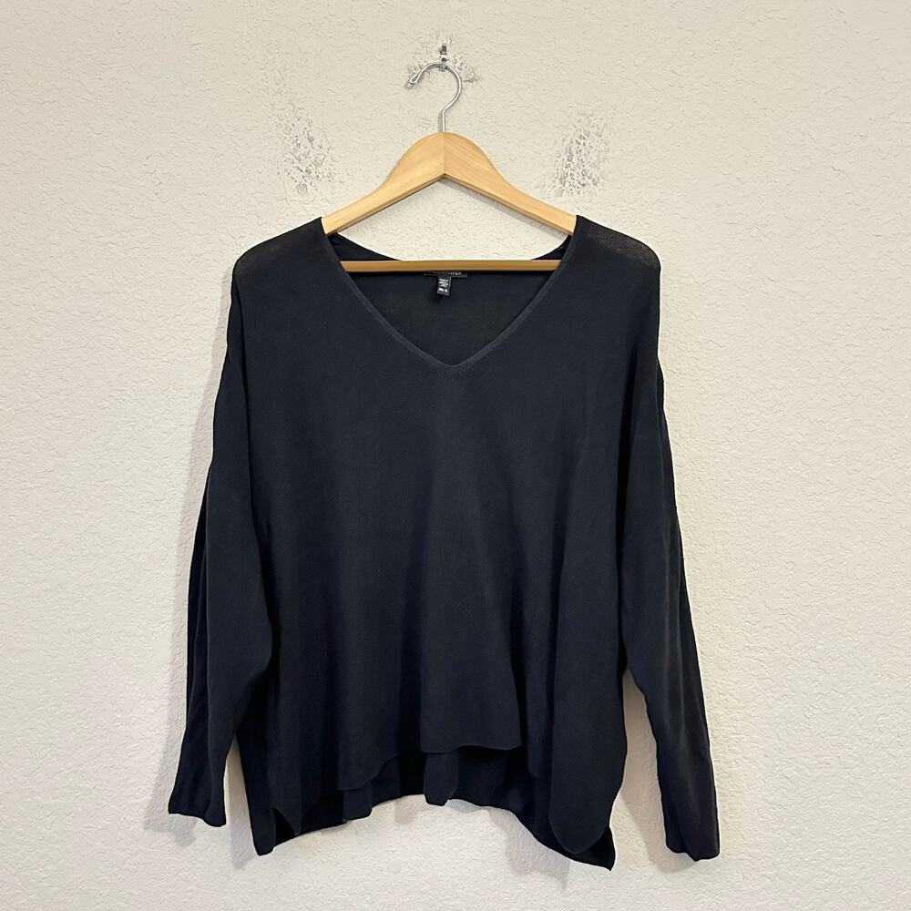 EILEEN FISHER Sweater Black Linen Cotton Knit Lightweight V-Neck Boxy